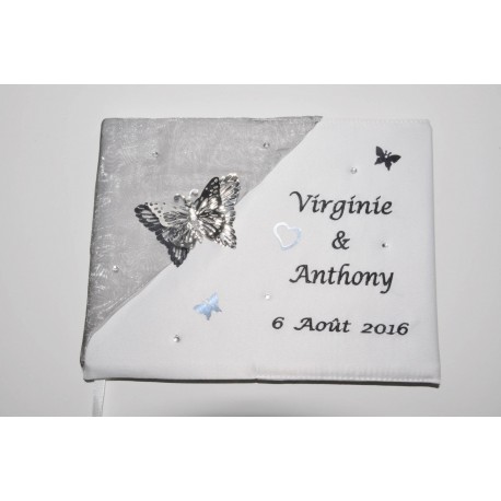 livre d'or mariage papillon argent strass coeur personnalisé brodé